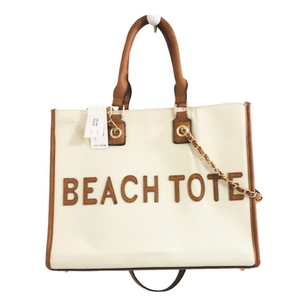 Cee Klein canvas brown trim gold chain strap crossbody ‘beach tote’ tote bag - Picture 8 of 16